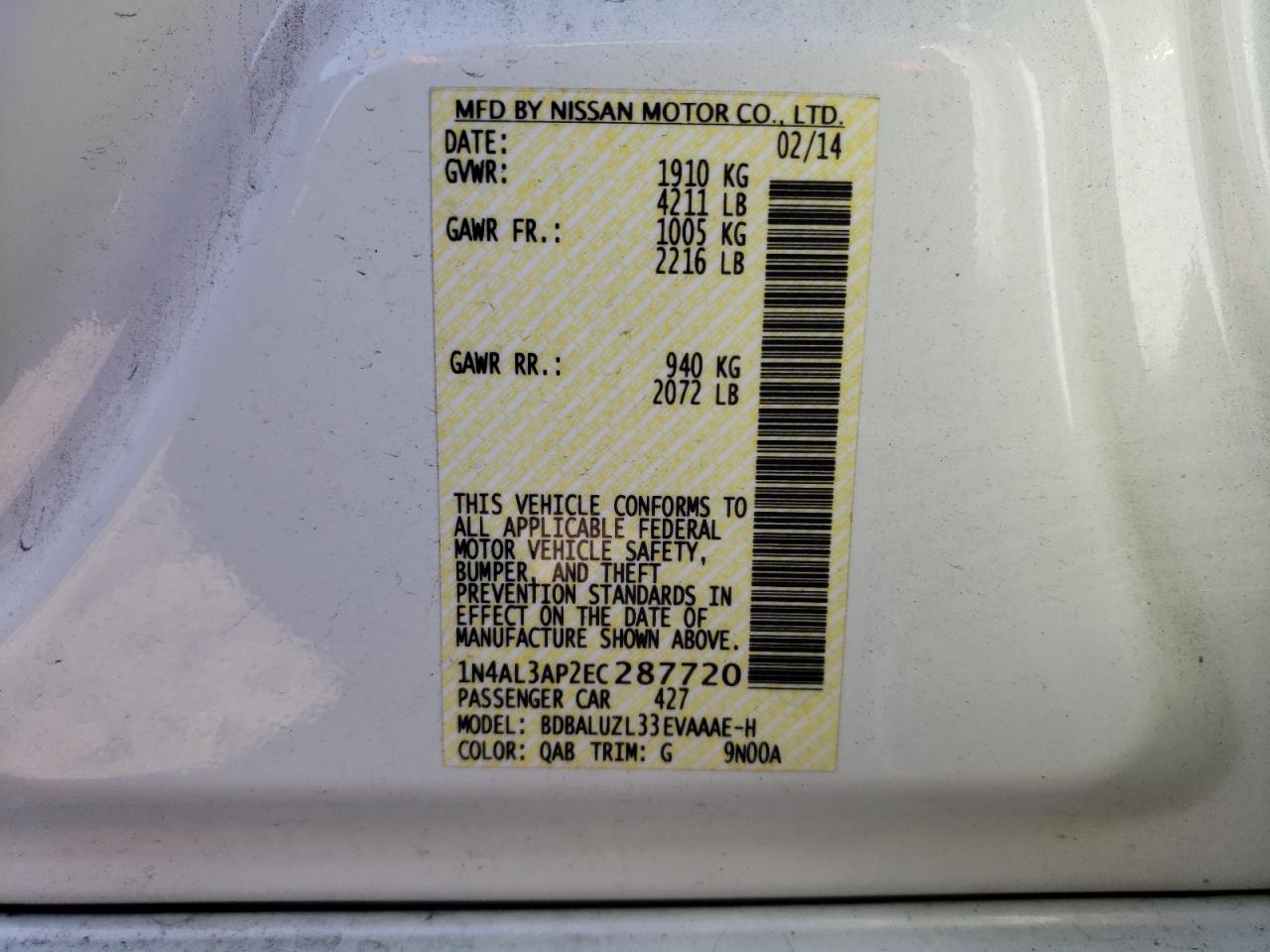 Photo 10 from auction – 2014 NISSAN ALTIMA 2.5 with VIN 1N4AL3AP2EC287720