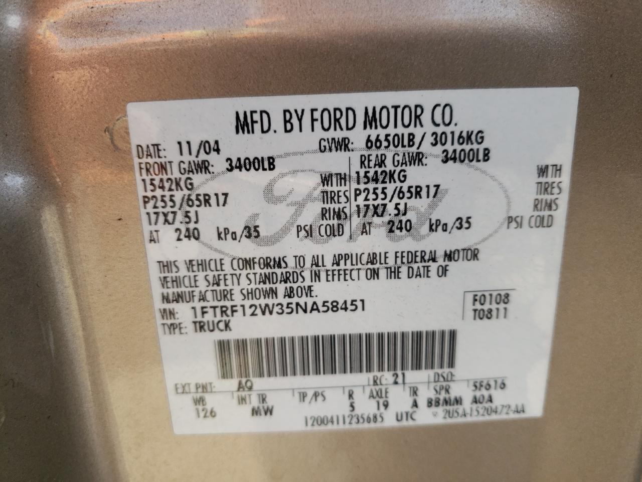 Photo 10 from auction – 2005 FORD F150 with VIN 1FTRF12W35NA58451