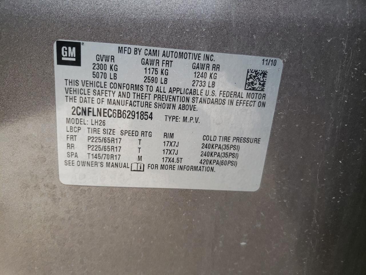Photo 10 from auction – 2011 CHEVROLET EQUINOX LT with VIN 2CNFLNEC6B6291854