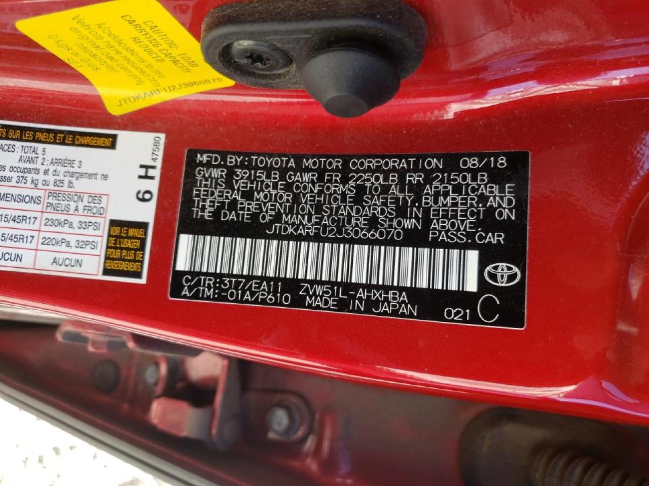 Photo 10 from auction – 2018 TOYOTA PRIUS with VIN JTDKARFU2J3066070