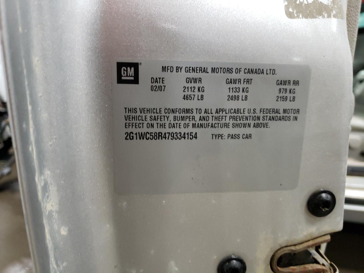 Photo 10 from auction – 2007 CHEVROLET IMPALA LT with VIN 2G1WC58R479334154