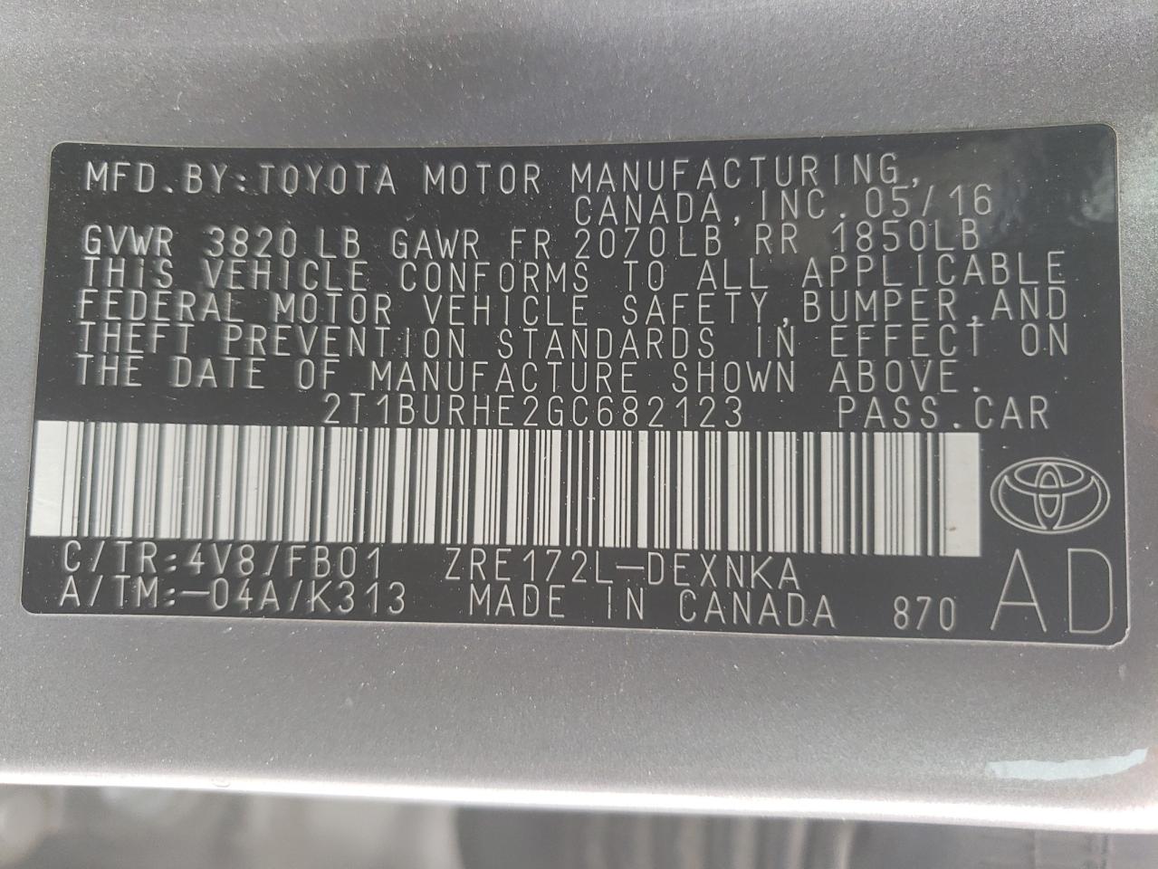 Photo 10 from auction – 2016 TOYOTA COROLLA L with VIN 2T1BURHE2GC682123