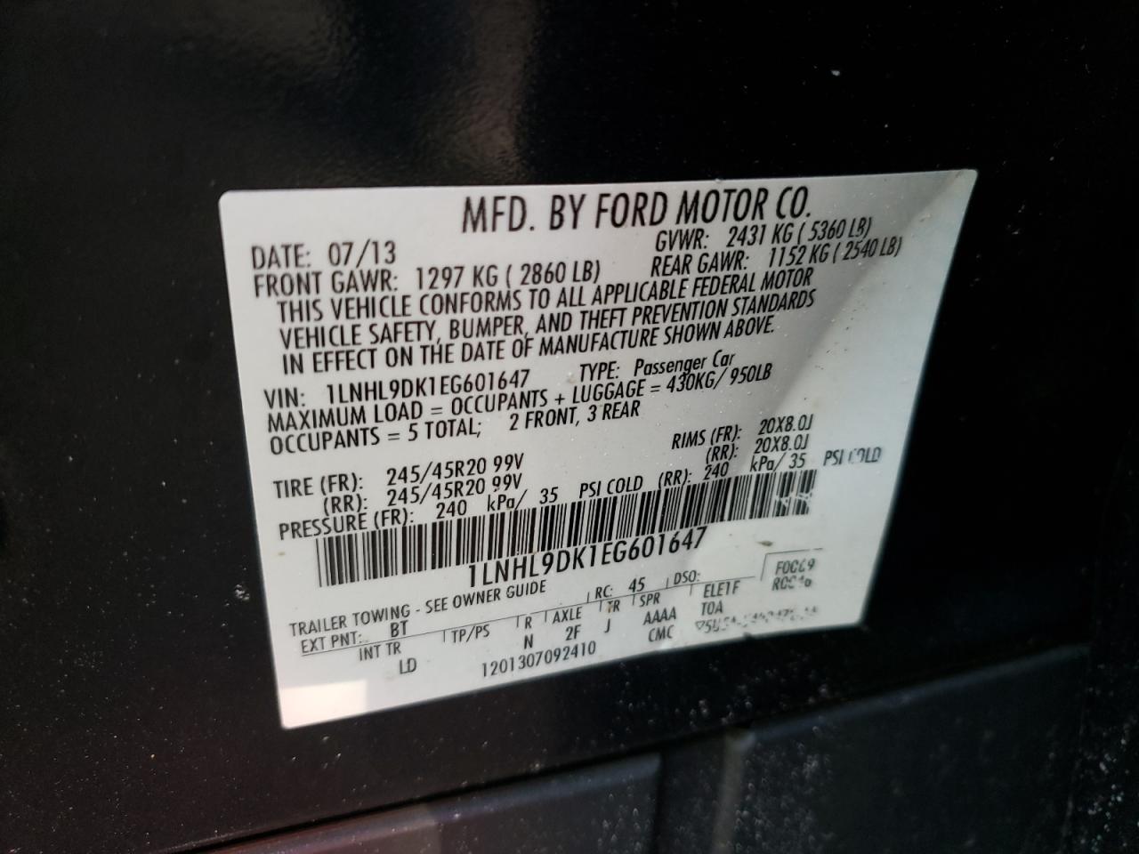 Photo 10 from auction – 2014 LINCOLN MKS with VIN 1LNHL9DK1EG601647