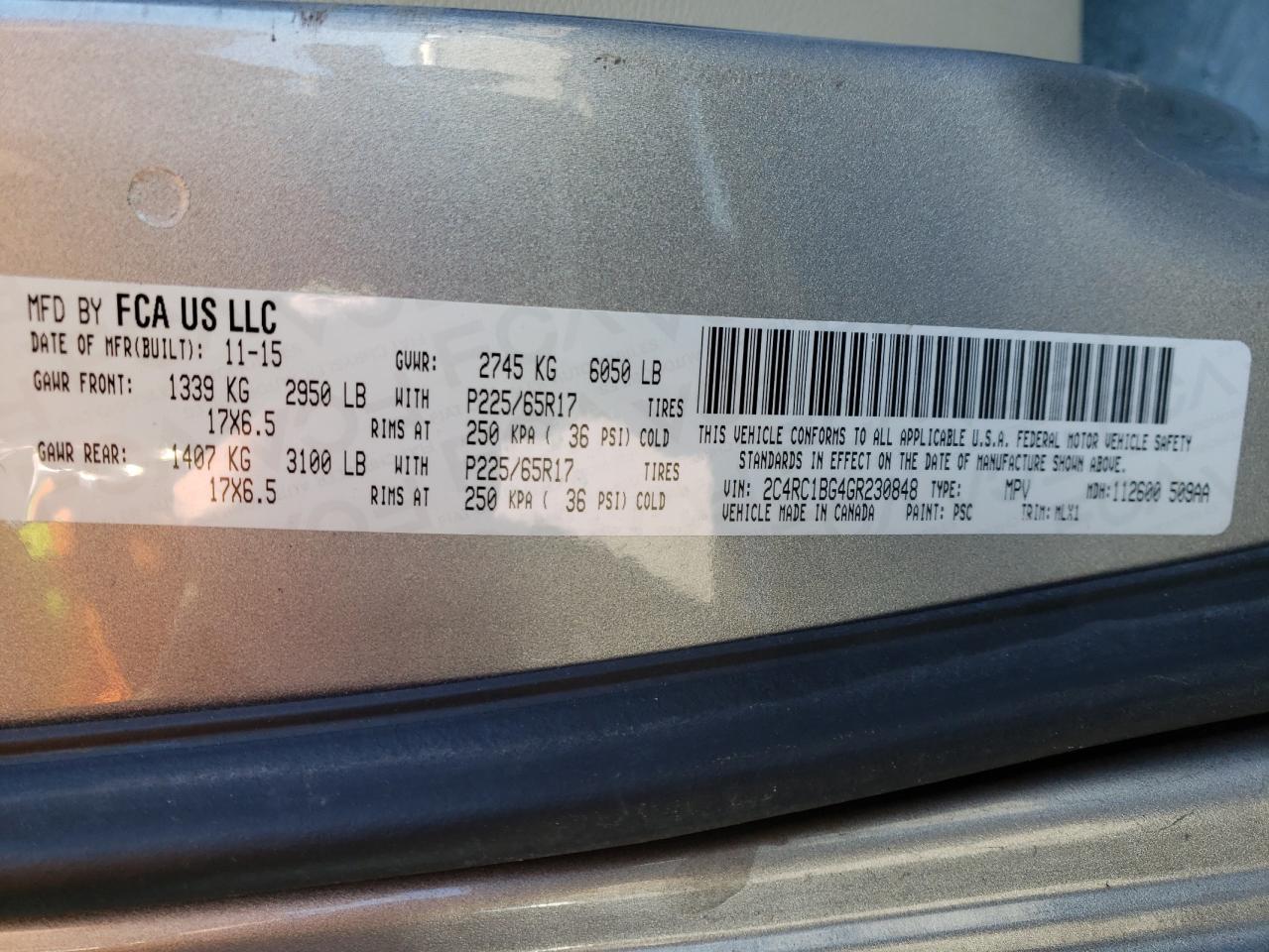 Photo 10 from auction – 2016 CHRYSLER TOWN & COU with VIN 2C4RC1BG4GR230848