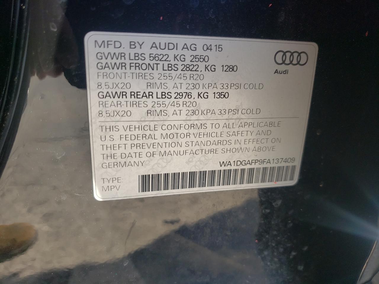 Photo 10 from auction – 2015 AUDI Q5 PREMIUM with VIN WA1DGAFP9FA137409