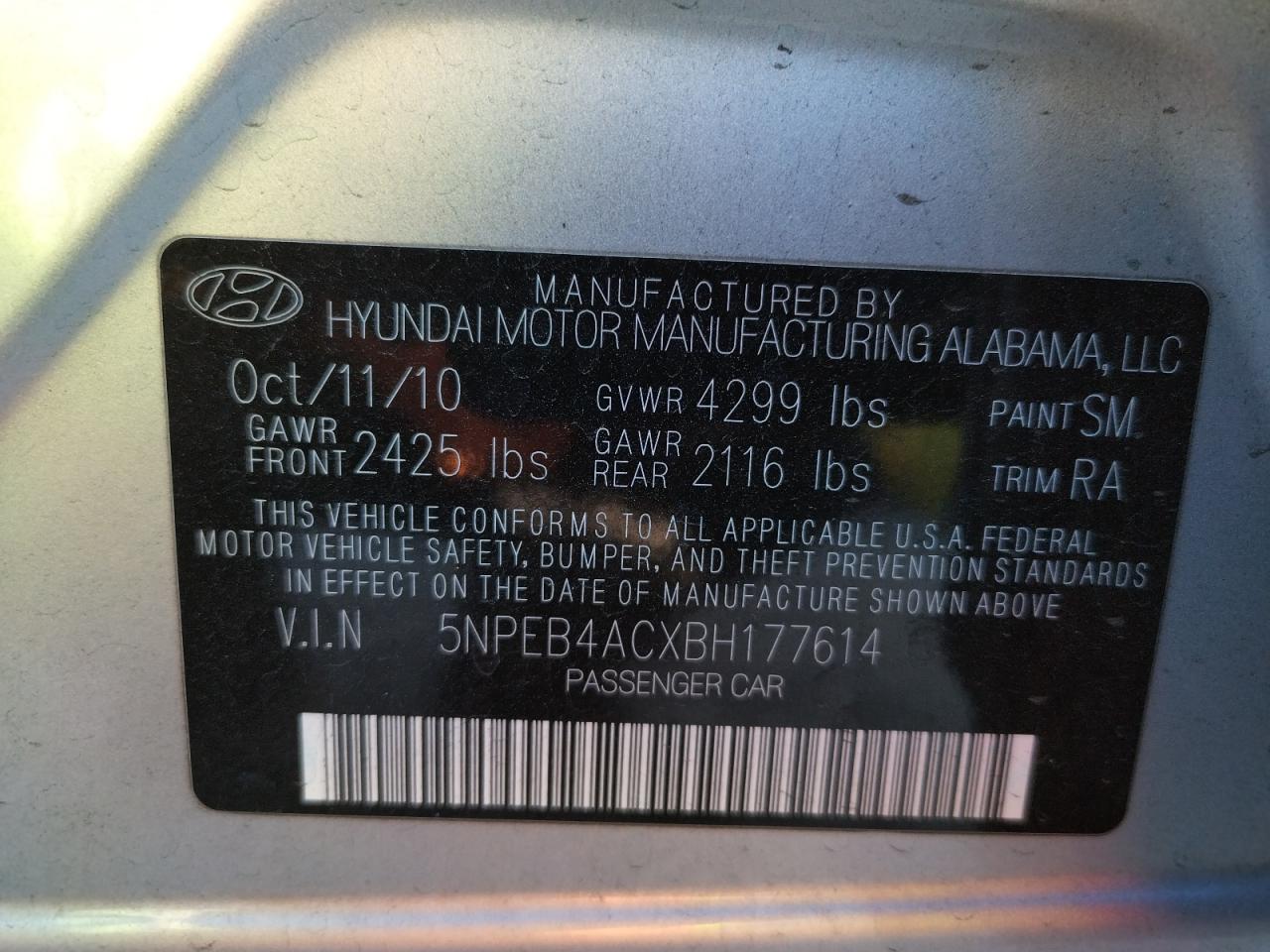 Photo 10 from auction – 2011 HYUNDAI SONATA GLS with VIN 5NPEB4ACXBH177614