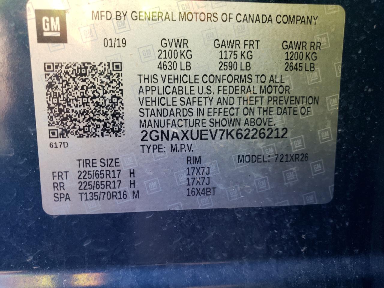 Photo 10 from auction – 2019 CHEVROLET EQUINOX LT with VIN 2GNAXUEV7K6226212