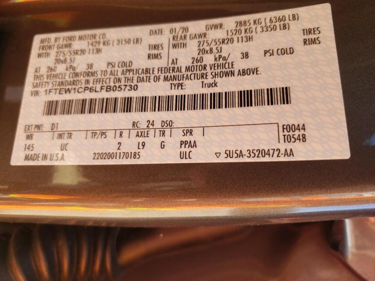Photo 10 from auction – 2020 FORD F150 SUPER with VIN 1FTEW1CP6LFB05730