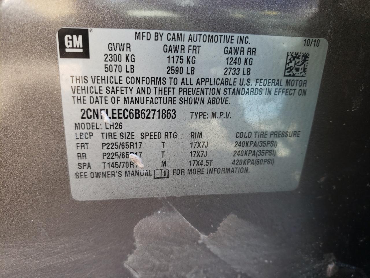 Photo 10 from auction – 2011 CHEVROLET EQUINOX LT with VIN 2CNFLEEC6B6271863