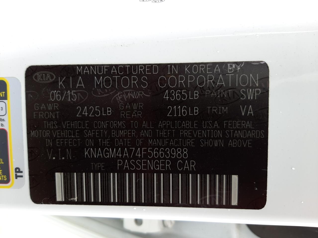 Photo 10 from auction – 2015 KIA OPTIMA LX with VIN KNAGM4A74F5663988