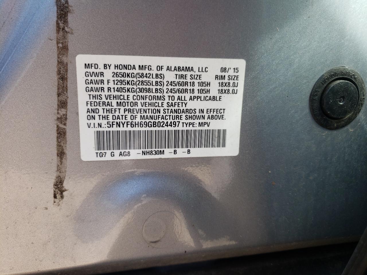 Photo 10 from auction – 2016 HONDA PILOT EXL with VIN 5FNYF6H69GB024497
