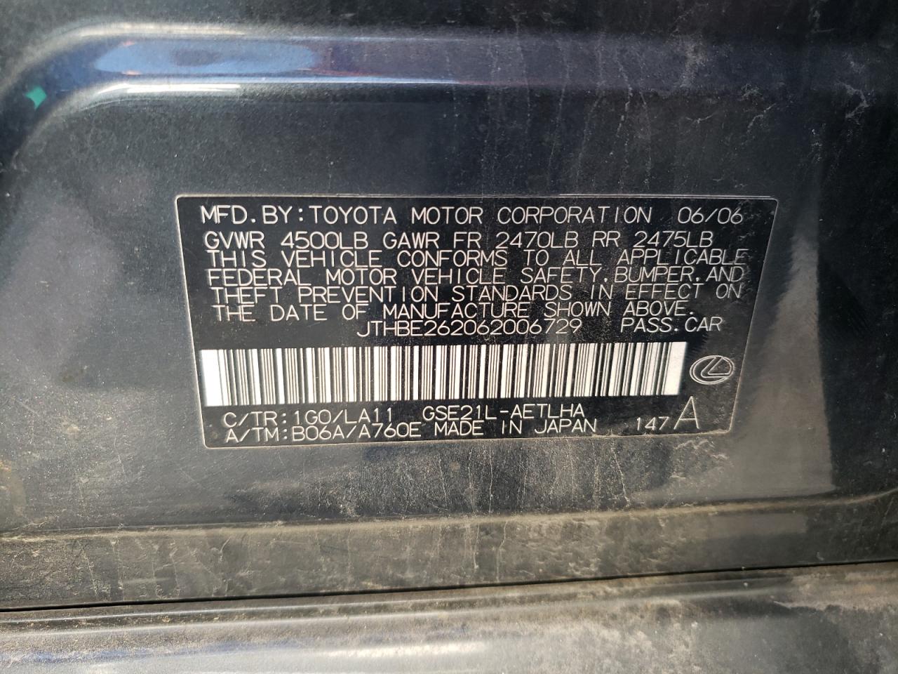 Photo 10 from auction – 2006 LEXUS IS 350 with VIN JTHBE262062006729