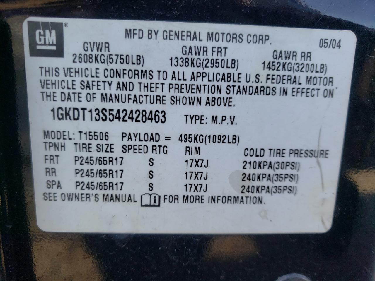 Photo 10 from auction – 2004 GMC ENVOY with VIN 1GKDT13S542428463