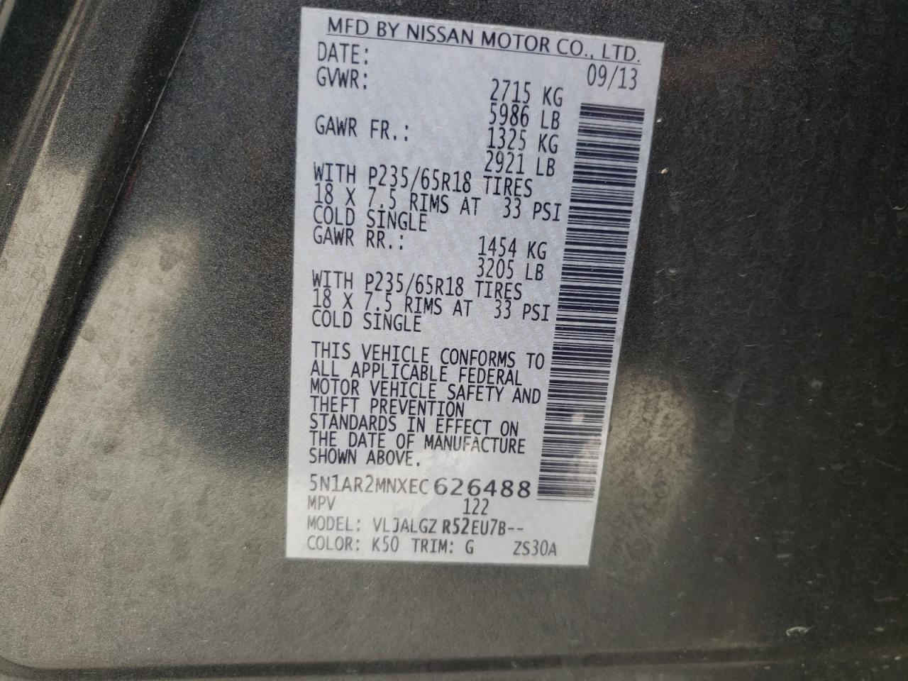 Photo 10 from auction – 2014 NISSAN PATHFINDER with VIN 5N1AR2MNXEC626488