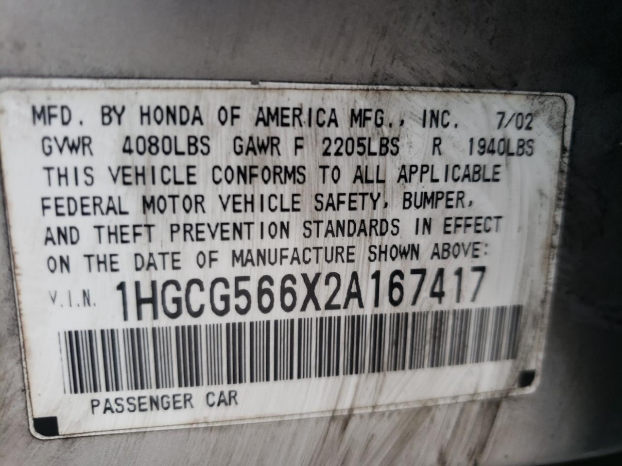 Photo 10 from auction – 2002 HONDA ACCORD with VIN 1HGCG566X2A167417
