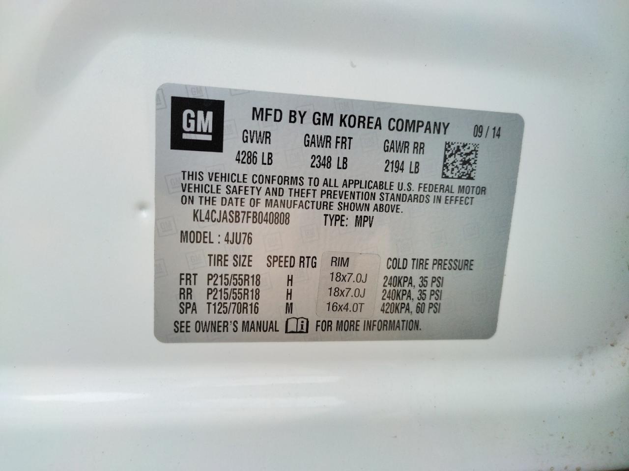 Photo 10 from auction – 2015 BUICK ENCORE with VIN KL4CJASB7FB040808