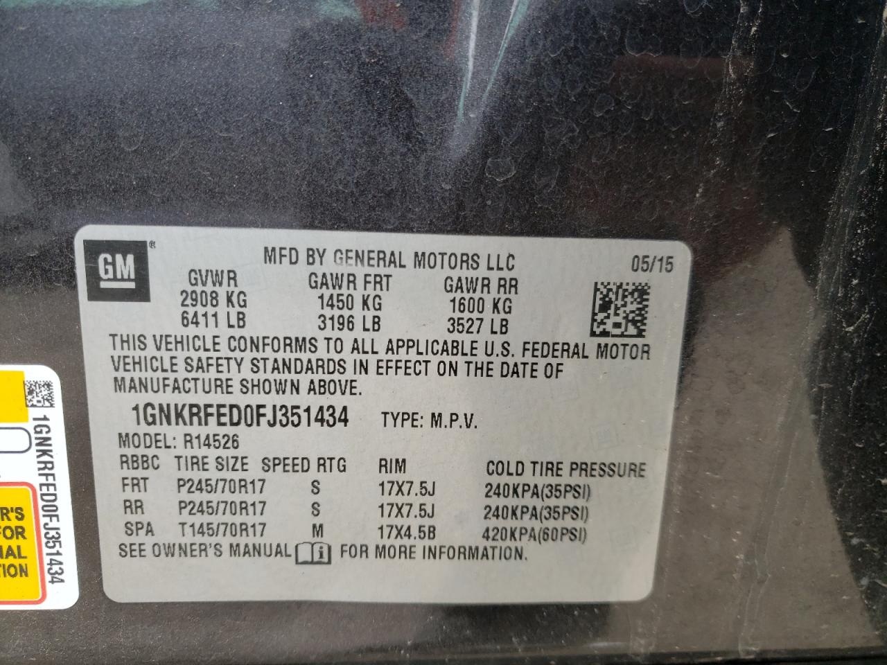 Photo 10 from auction – 2015 CHEVROLET TRAVERSE L with VIN 1GNKRFED0FJ351434