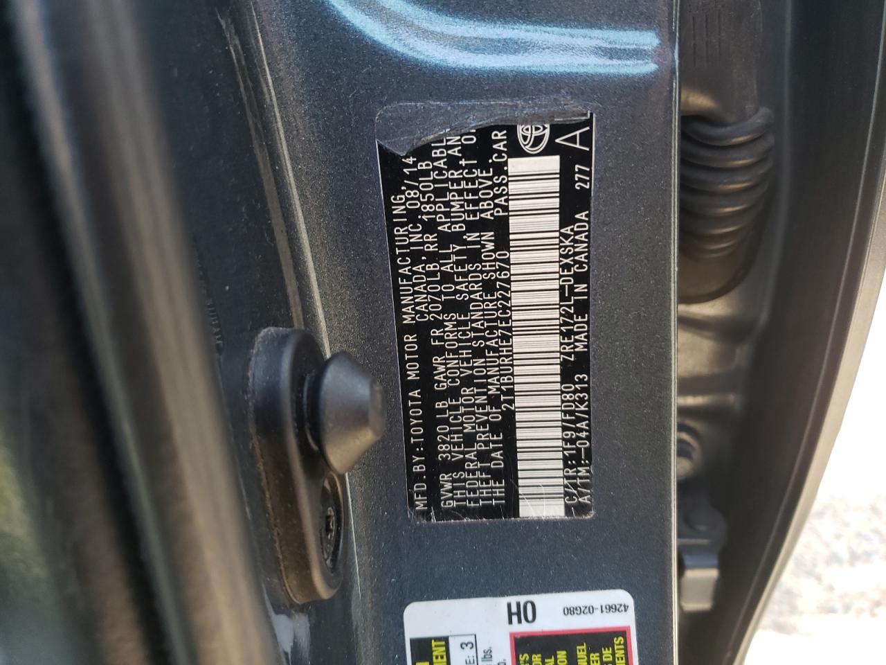 Photo 10 from auction – 2014 TOYOTA COROLLA L with VIN 2T1BURHE7EC227670