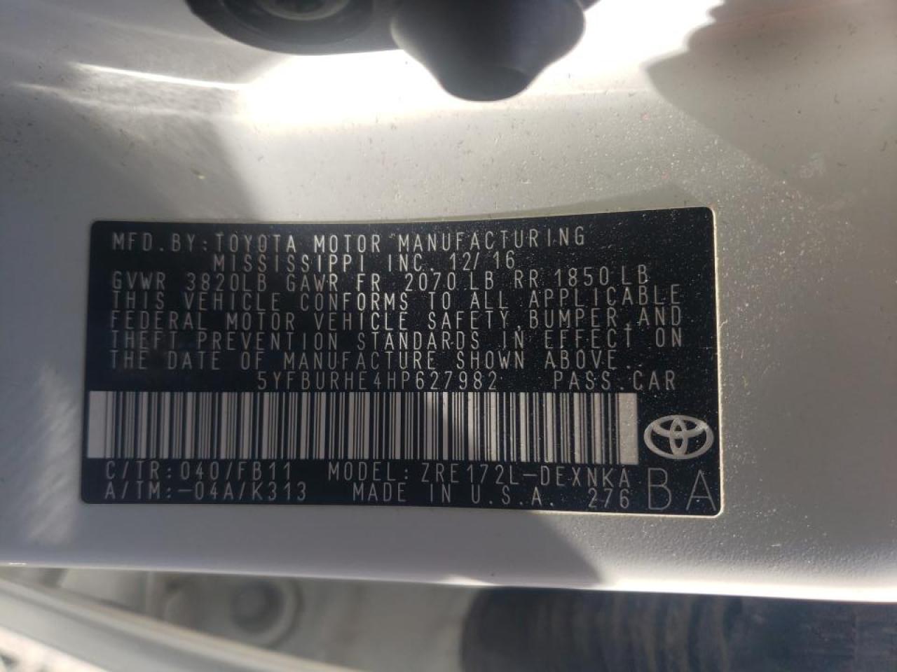 Photo 10 from auction – 2017 TOYOTA COROLLA L with VIN 5YFBURHE4HP627982