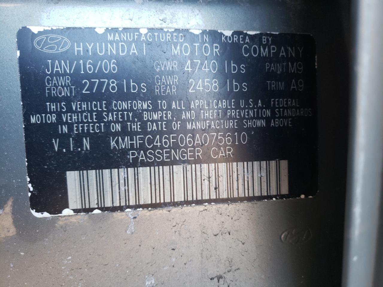 Photo 10 from auction – 2006 HYUNDAI AZERA SE with VIN KMHFC46F06A075610