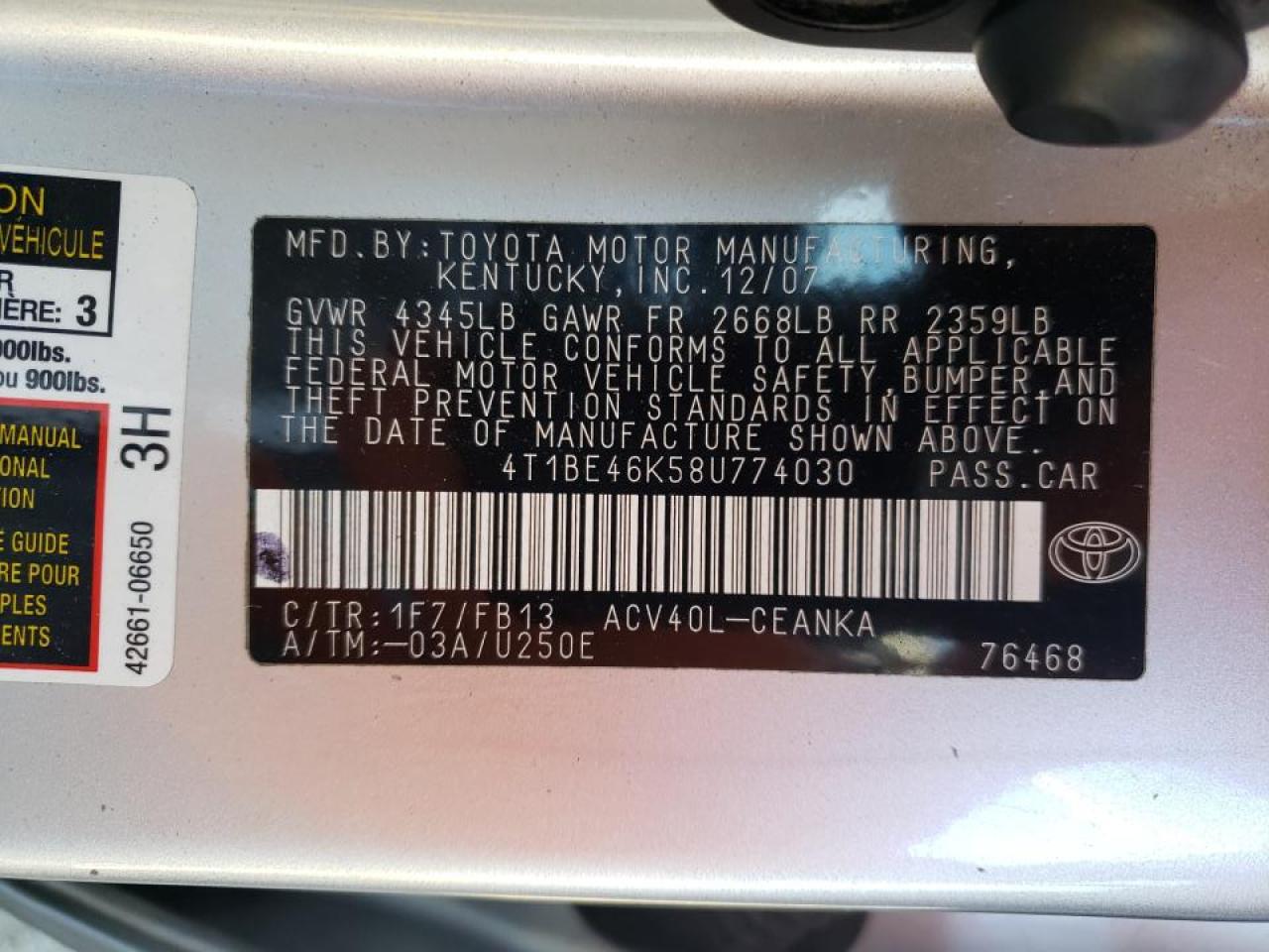 Photo 10 from auction – 2008 TOYOTA CAMRY CE with VIN 4T1BE46K58U774030