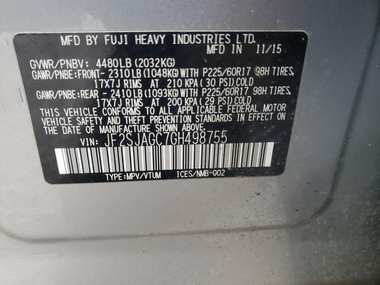 Photo 10 from auction – 2016 SUBARU FORESTER 2 with VIN JF2SJAGC7GH498755