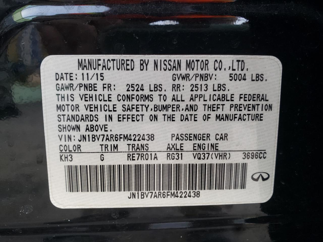 Photo 10 from auction – 2015 INFINITI Q50 BASE with VIN JN1BV7AR6FM422438