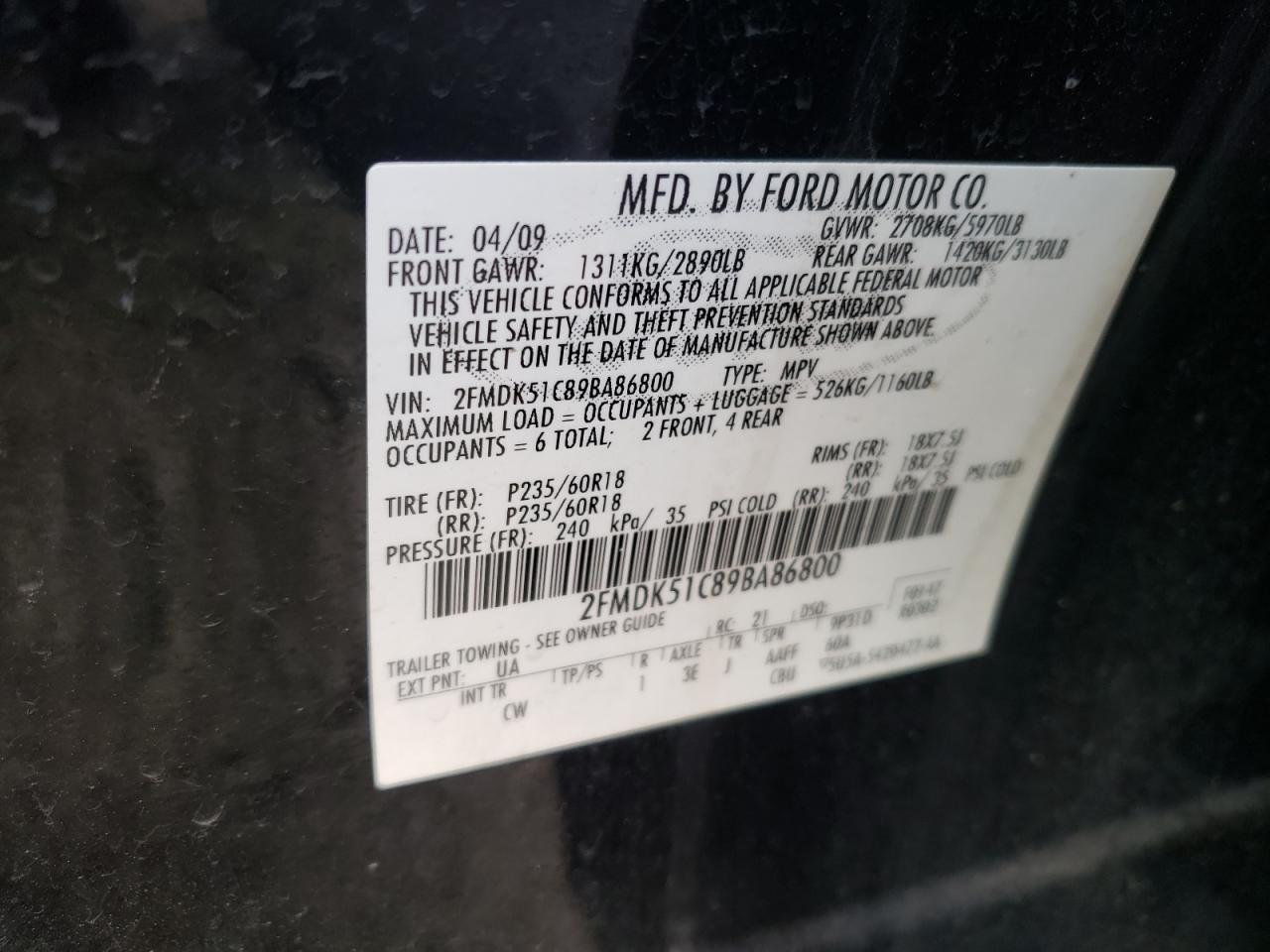 Photo 10 from auction – 2009 FORD FLEX SE with VIN 2FMDK51C89BA86800