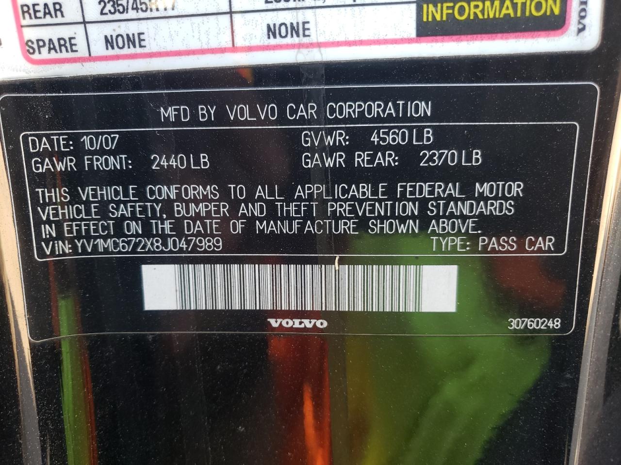 Photo 10 from auction – 2008 VOLVO C70 T5 with VIN YV1MC672X8J047989