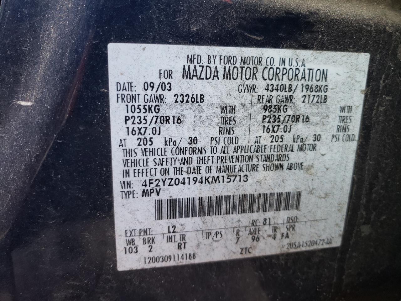Photo 10 from auction – 2004 MAZDA TRIBUTE LX with VIN 4F2YZ04194KM15713