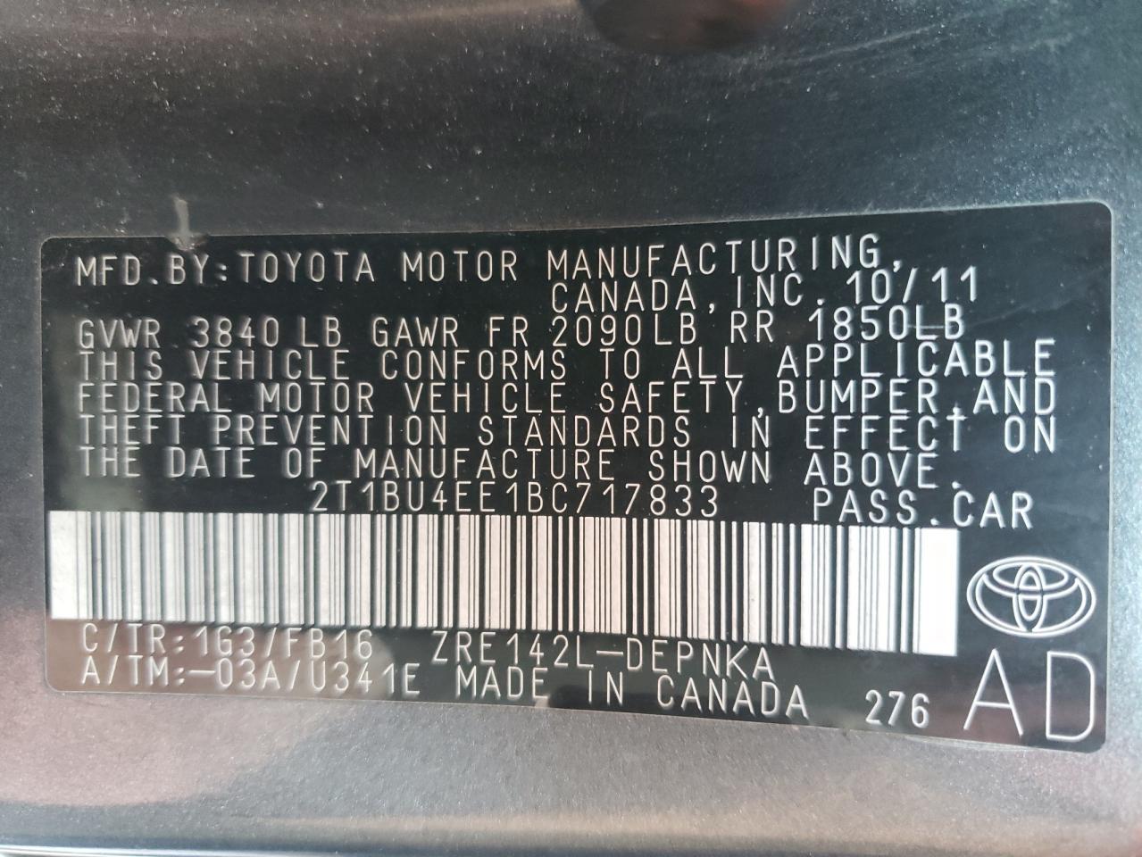 Photo 10 from auction – 2011 TOYOTA COROLLA BA with VIN 2T1BU4EE1BC717833