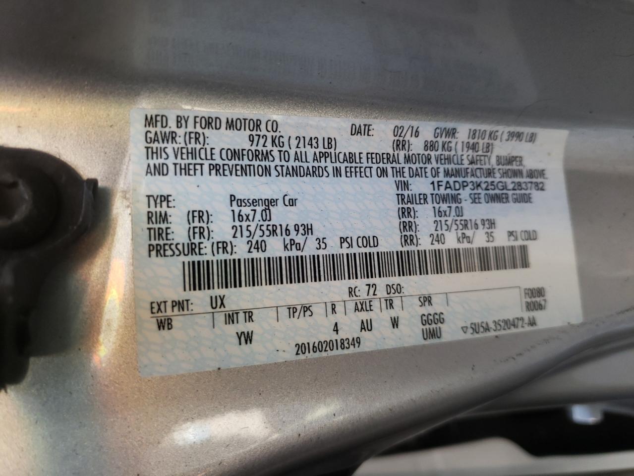 Photo 10 from auction – 2016 FORD FOCUS SE with VIN 1FADP3K25GL283782