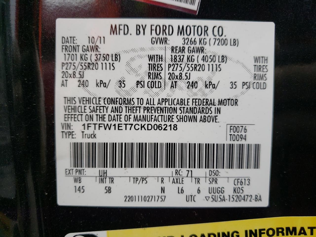 Photo 10 from auction – 2012 FORD F150 SUPER with VIN 1FTFW1ET7CKD06218