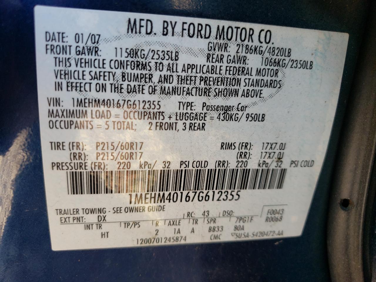 Photo 10 from auction – 2007 MERCURY MONTEGO LU with VIN 1MEHM40167G612355