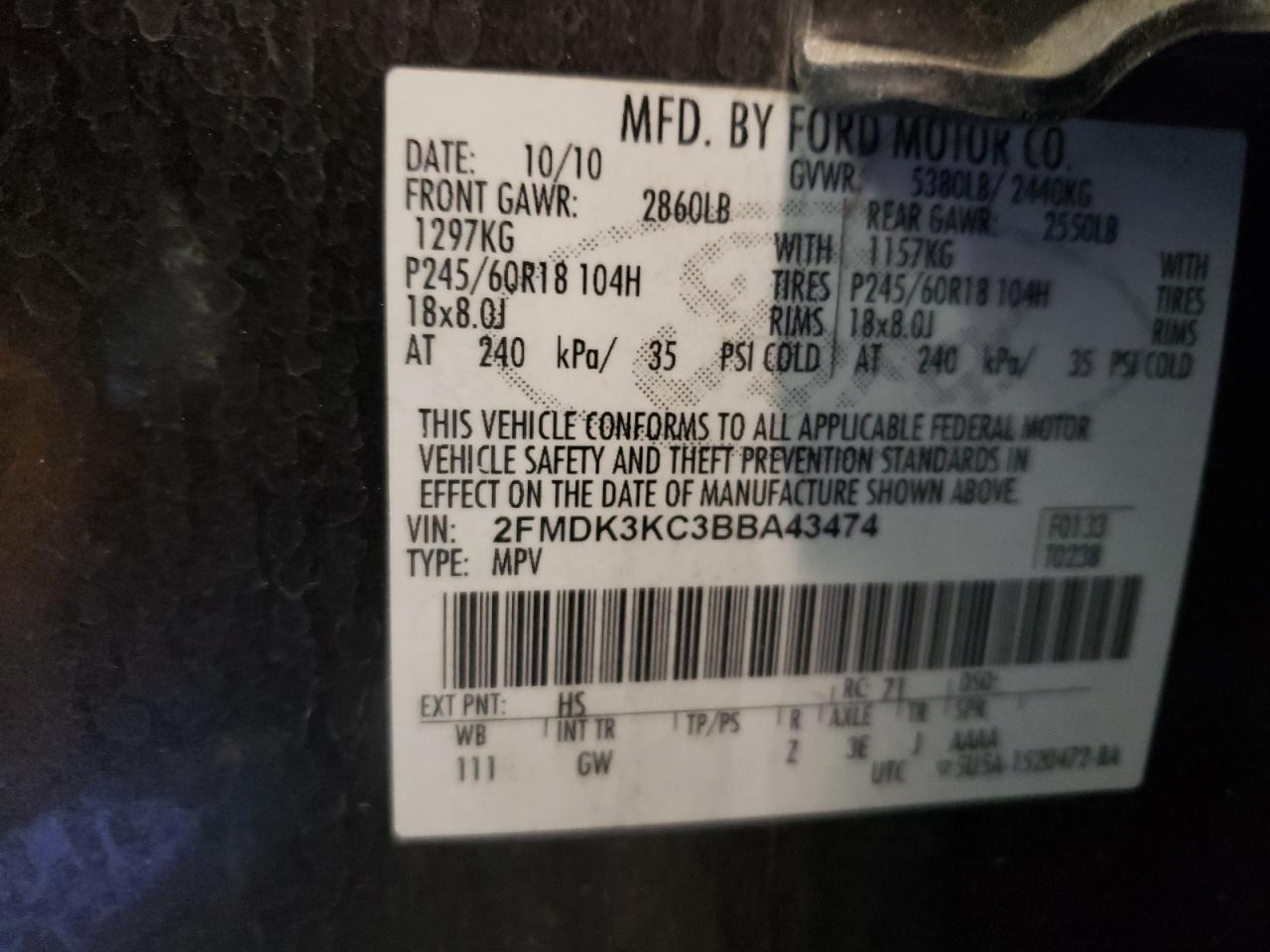 Photo 10 from auction – 2011 FORD EDGE LIMIT with VIN 2FMDK3KC3BBA43474