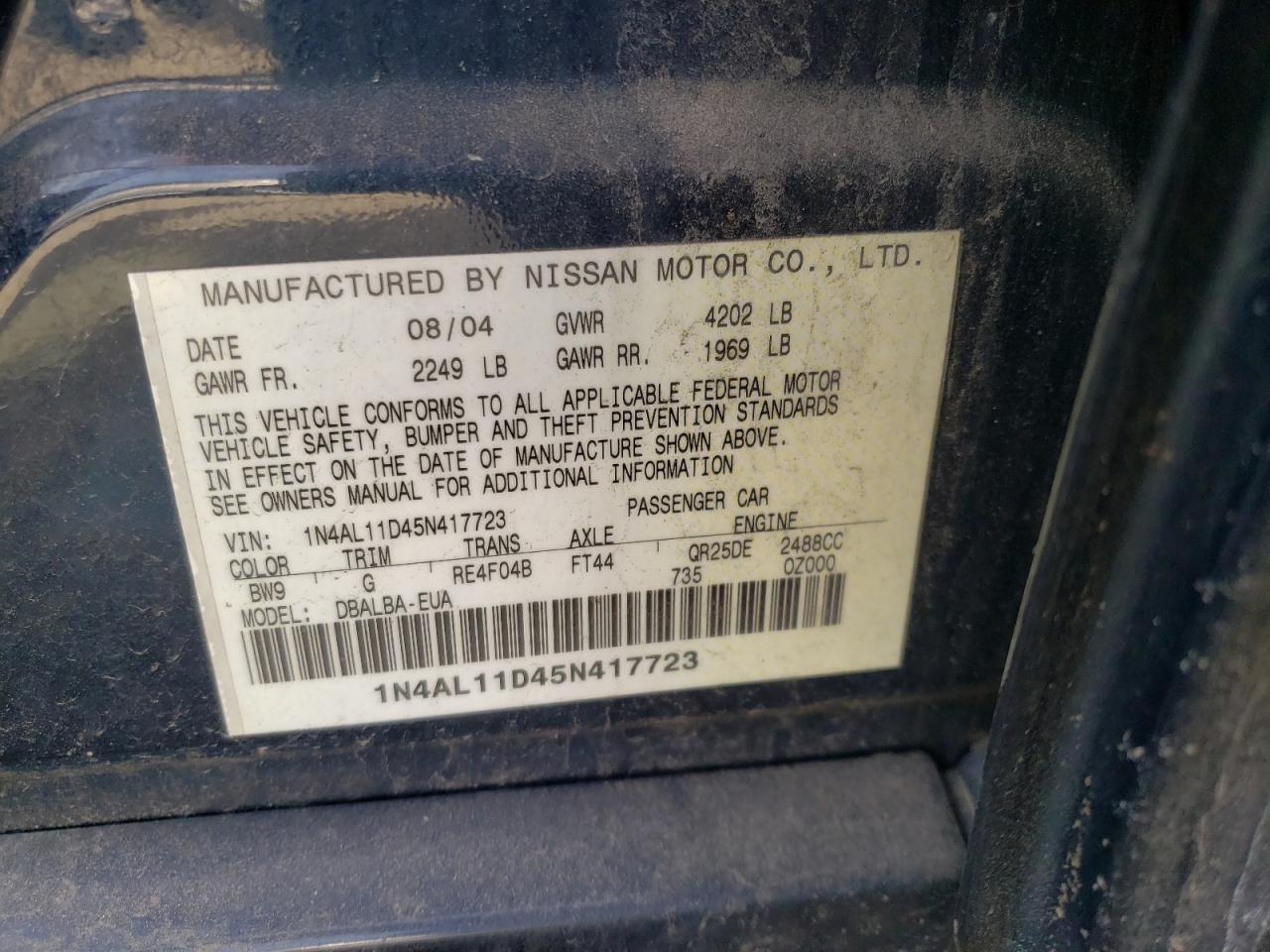 Photo 10 from auction – 2005 NISSAN ALTIMA S with VIN 1N4AL11D45N417723