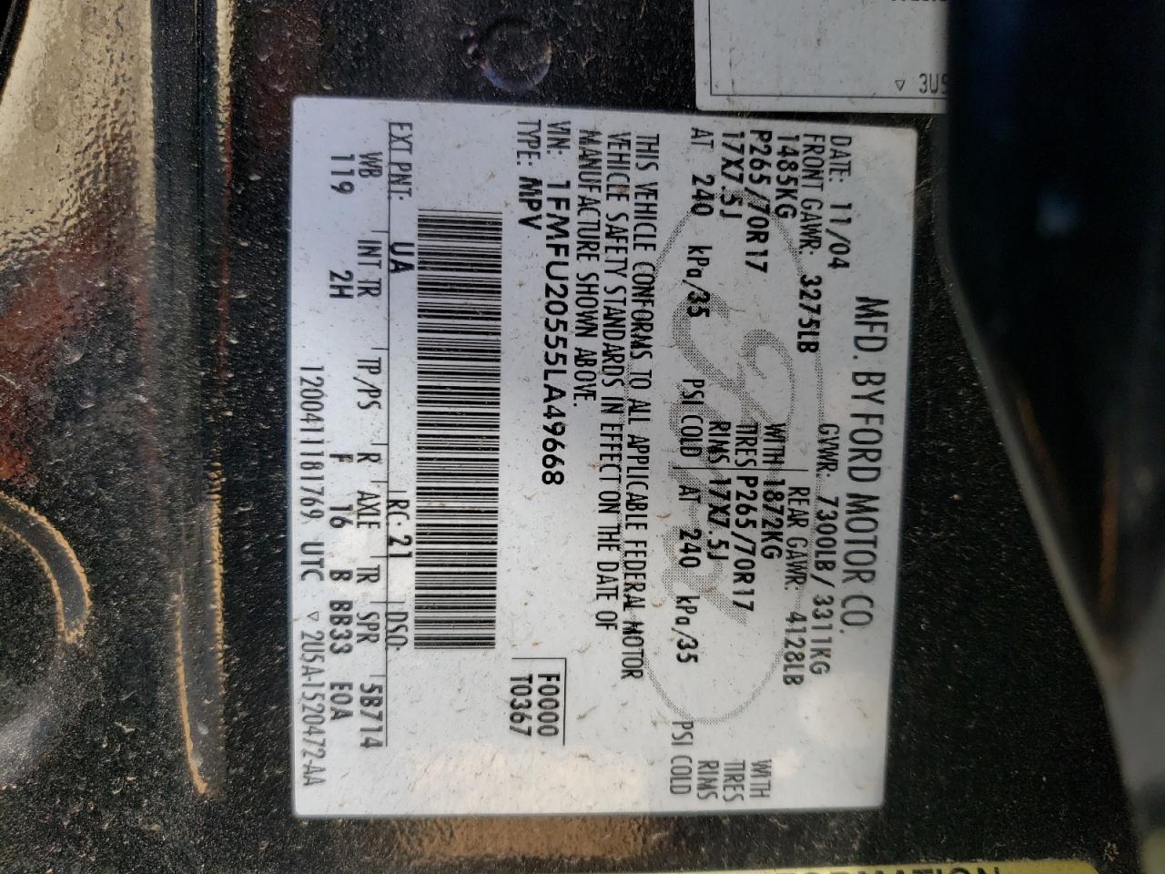 Photo 10 from auction – 2005 FORD EXPEDITION with VIN 1FMFU20555LA49668