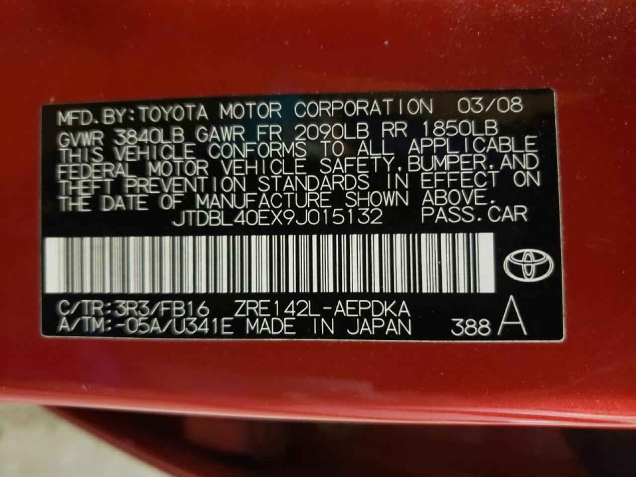 Photo 10 from auction – 2009 TOYOTA COROLLA BA with VIN JTDBL40EX9J015132