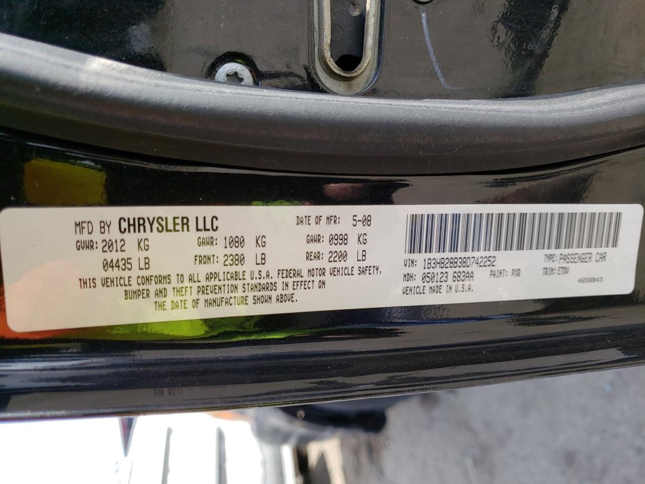 Photo 10 from auction – 2008 DODGE CALIBER with VIN 1B3HB28B38D742252