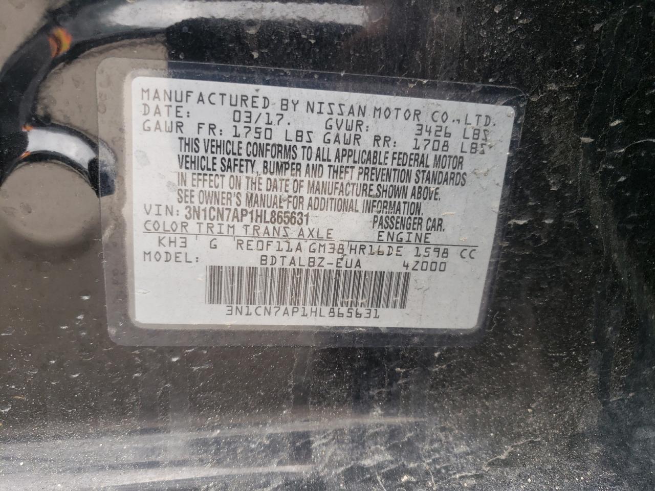 Photo 10 from auction – 2017 NISSAN VERSA S with VIN 3N1CN7AP1HL865631