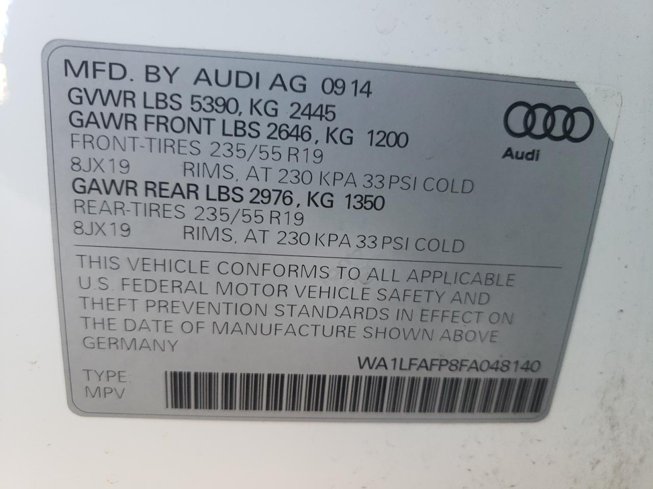 Photo 10 from auction – 2015 AUDI Q5 PREMIUM with VIN WA1LFAFP8FA048140
