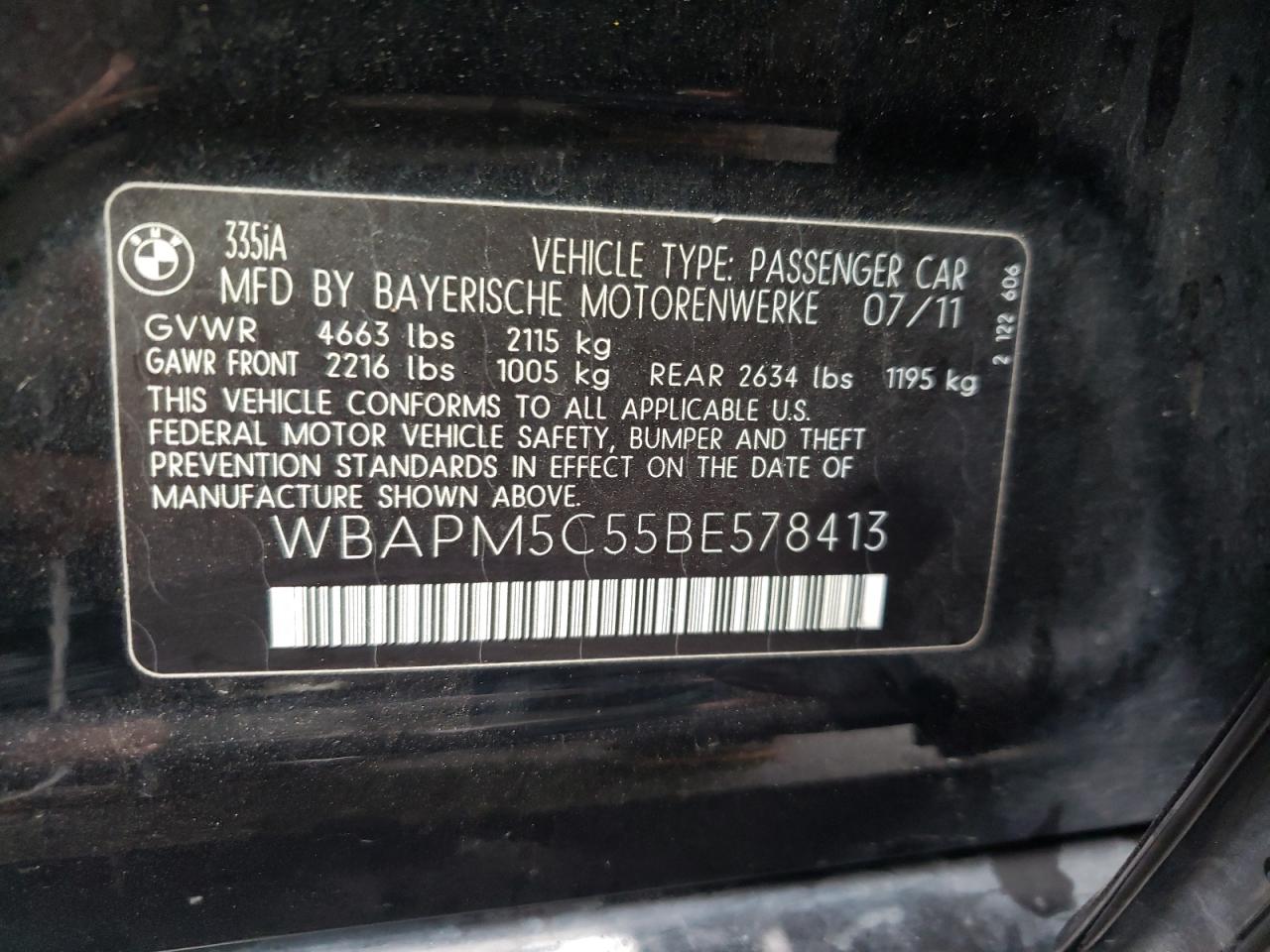 Photo 10 from auction – 2011 BMW 335 I with VIN WBAPM5C55BE578413