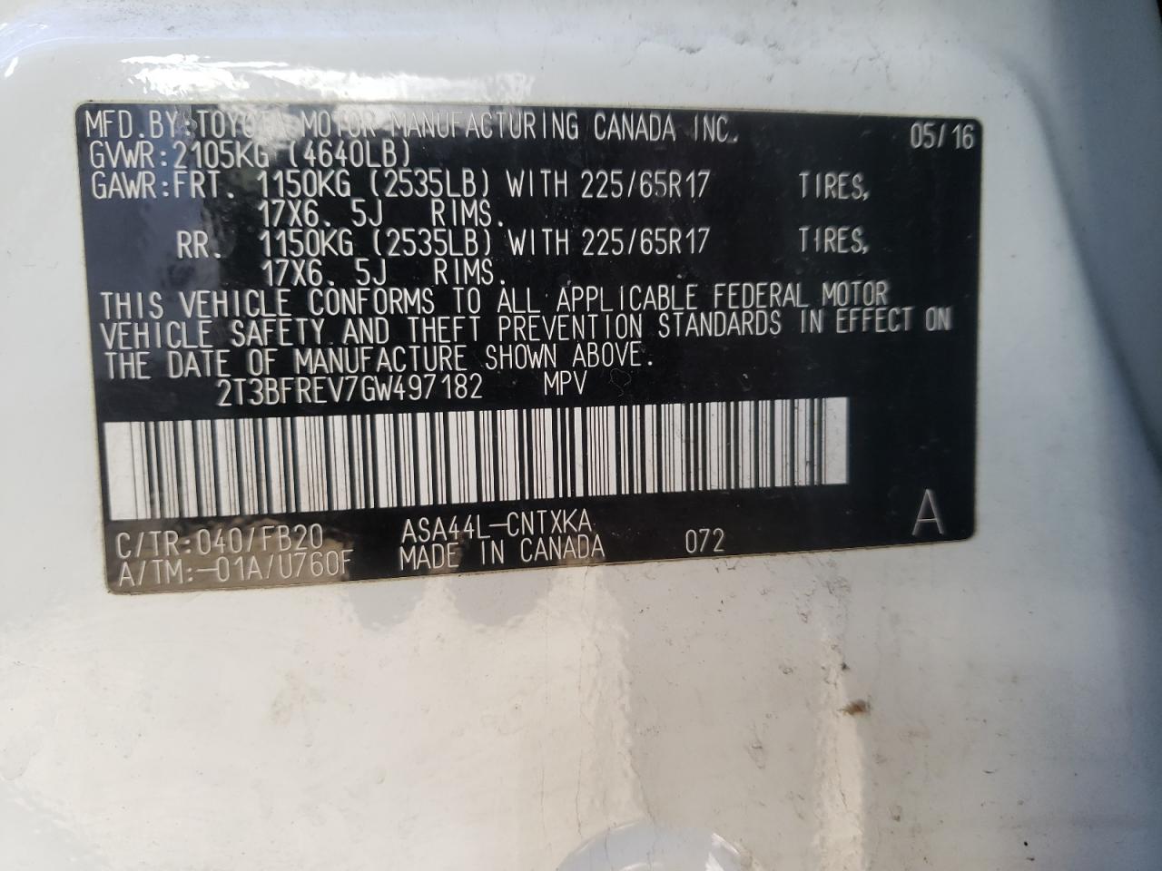 Photo 10 from auction – 2016 TOYOTA RAV4 LE with VIN 2T3BFREV7GW497182