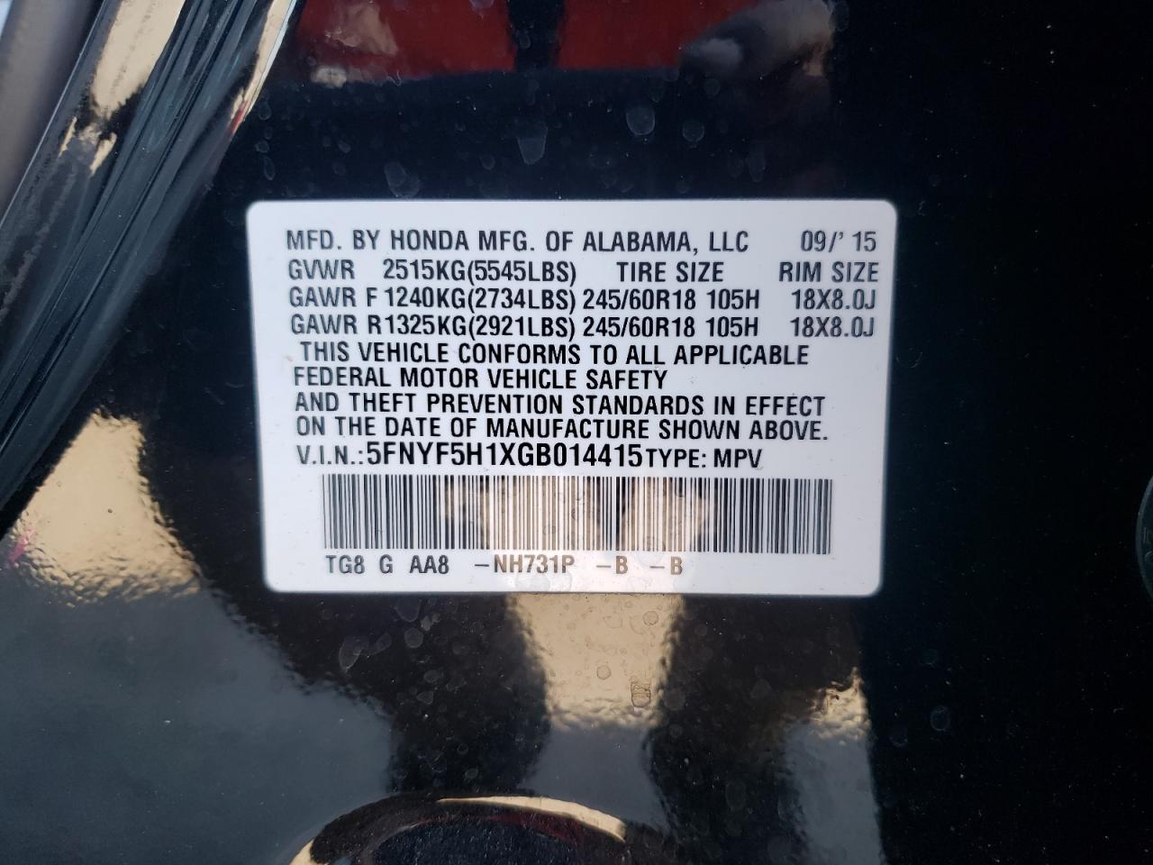 Photo 10 from auction – 2016 HONDA PILOT LX with VIN 5FNYF5H1XGB014415