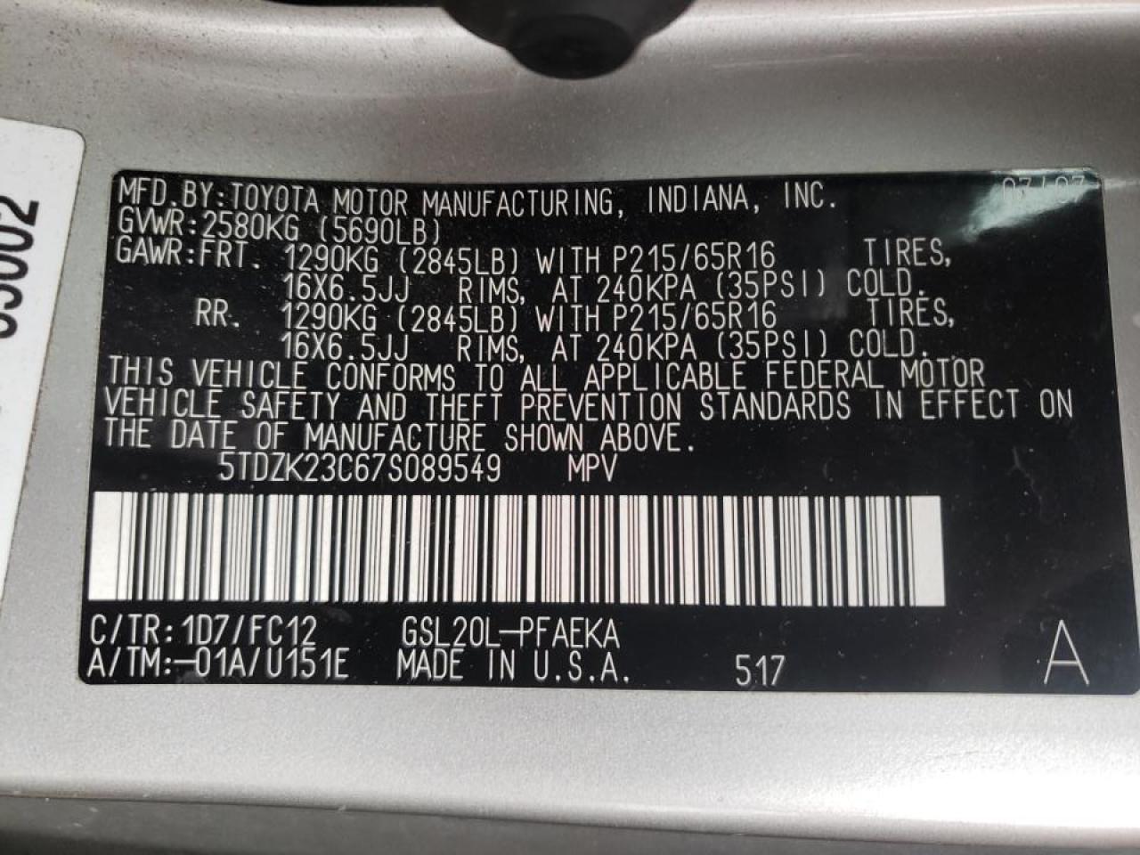 Photo 10 from auction – 2007 TOYOTA SIENNA CE with VIN 5TDZK23C67S089549