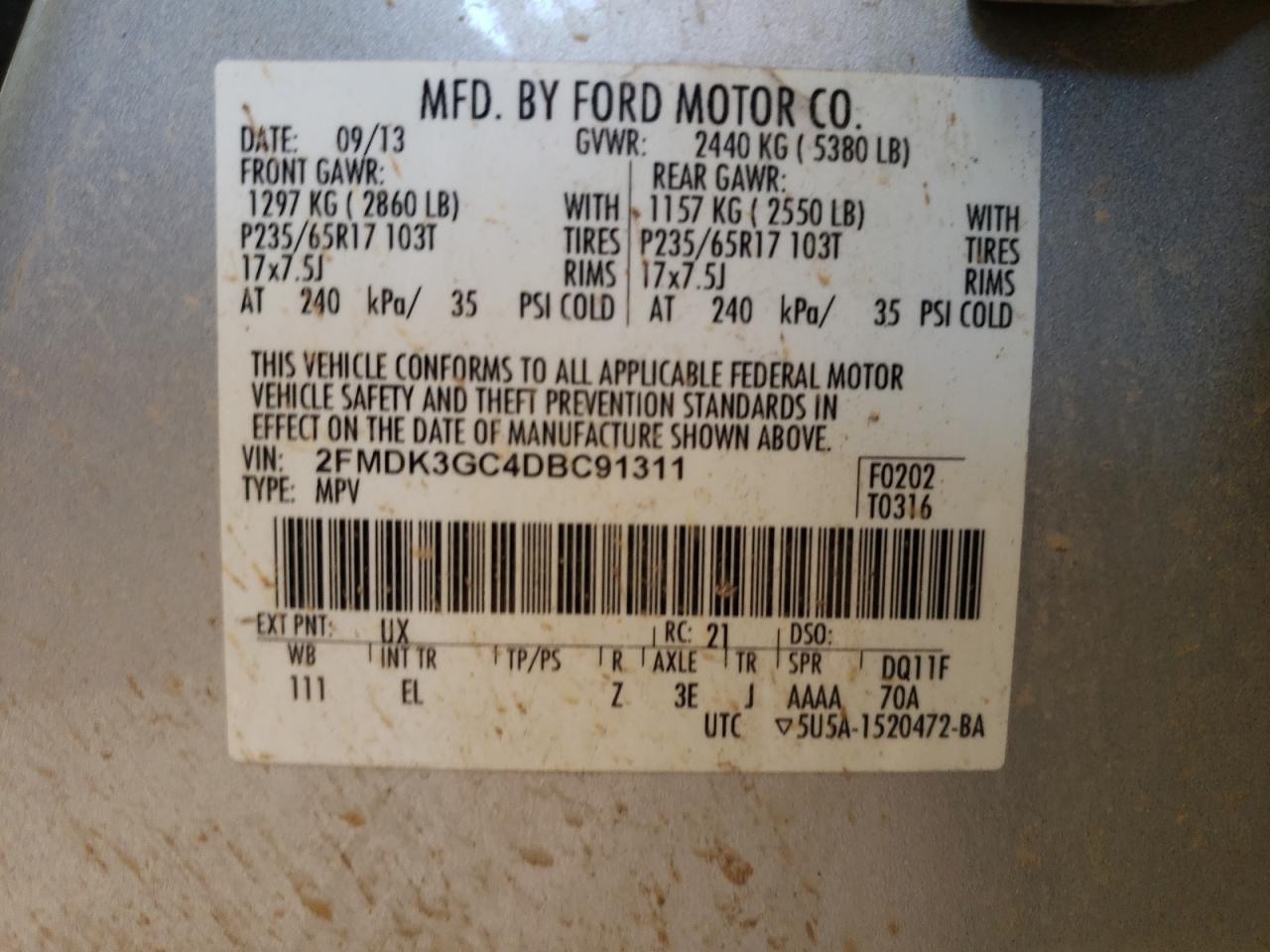 Photo 10 from auction – 2013 FORD EDGE SE with VIN 2FMDK3GC4DBC91311