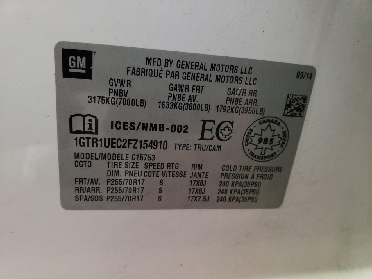 Photo 10 from auction – 2015 GMC SIERRA C15 with VIN 1GTR1UEC2FZ154910