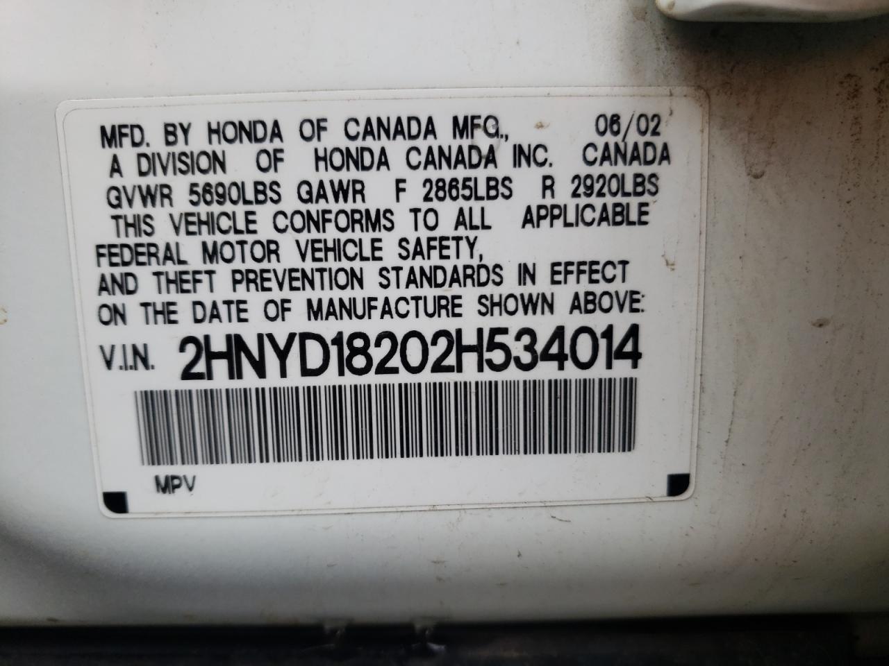 Photo 10 from auction – 2002 ACURA MDX with VIN 2HNYD18202H534014