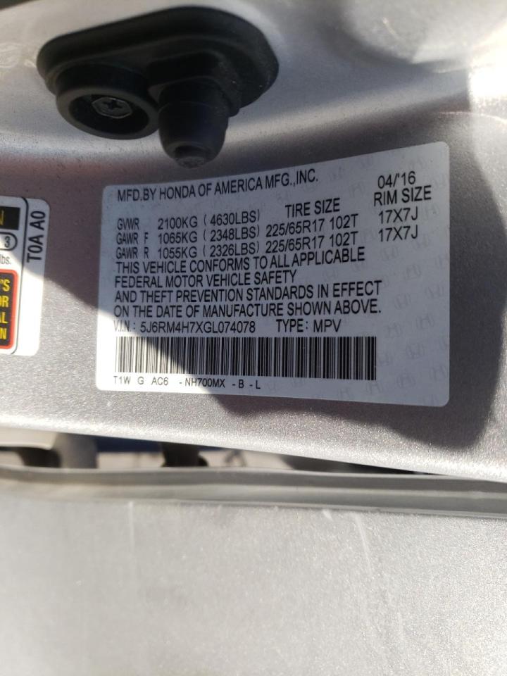 Photo 10 from auction – 2016 HONDA CR-V EXL with VIN 5J6RM4H7XGL074078