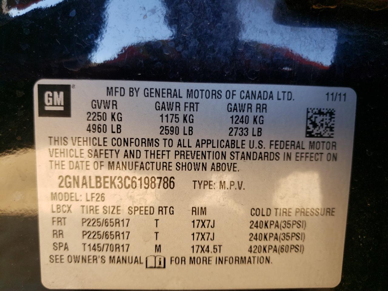Photo 10 from auction – 2012 CHEVROLET EQUINOX LS with VIN 2GNALBEK3C6198786